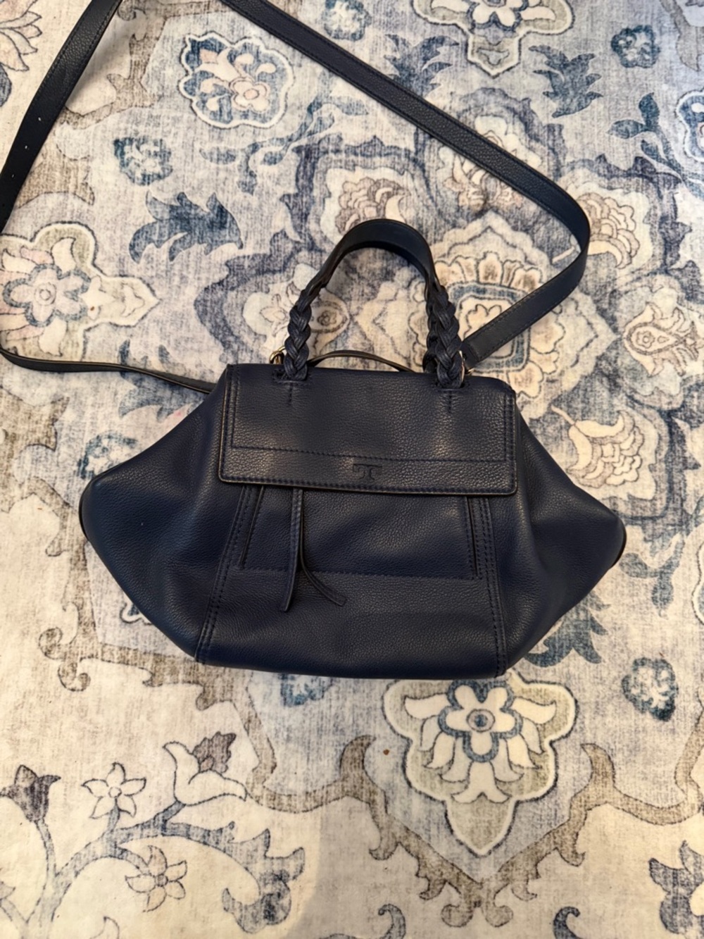 Tory Burch Navy Braided-Handle Pebbled Leather Satchel